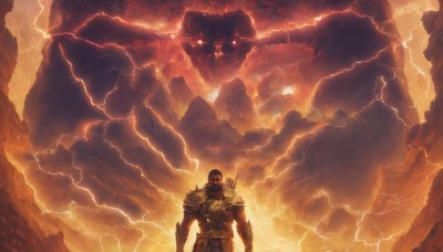 solo,red eyes,1boy,standing,weapon,male focus,sky,armor,muscular,glowing,facial hair,muscular male,shoulder armor,glowing eyes,spikes,pauldrons,monster,rock,arrow (projectile),electricity,manly,quiver,lightning,molten rock,looking at viewer,mask,animal,helmet,gauntlets,breastplate,full armor,orange theme,helm