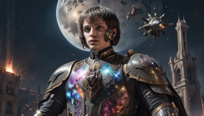 1girl,solo,short hair,brown hair,black hair,brown eyes,jewelry,upper body,earrings,sky,armor,lips,night,moon,fire,shoulder armor,building,star (sky),night sky,full moon,science fiction,pauldrons,breastplate,realistic,nose,fantasy,very short hair,explosion,castle,spacecraft,gorget,grey hair,parted lips,teeth,cape,damaged,burning