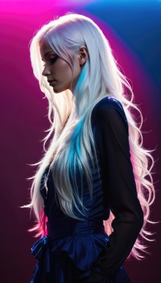 1girl,solo,long hair,breasts,long sleeves,dress,closed mouth,upper body,white hair,multicolored hair,dark skin,black dress,from side,dark-skinned female,lips,gradient,eyelashes,profile,makeup,blue dress,glowing,wavy hair,half-closed eyes,feathers,eyeshadow,realistic,nose,simple background,medium breasts,very long hair,blue hair,standing,closed eyes,cowboy shot,artist name,signature,gradient background,watermark,looking down,pink background,lipstick,messy hair,backlighting,curly hair,mascara,sidelighting