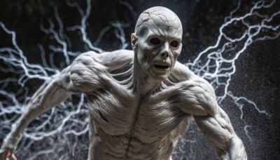 solo,looking at viewer,1boy,upper body,male focus,black eyes,no humans,mask,muscular,abs,outstretched arms,muscular male,veins,realistic,electricity,bald,alien,horror (theme),open mouth,weapon,nude,teeth,artist name,monster