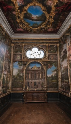 outdoors,sky,day,cloud,indoors,tree,blue sky,no humans,window,plant,building,scenery,wooden floor,stairs,fantasy,door,architecture,picture frame,painting (object),carpet,arch,signature,night,chair,fire,dragon,candle,pillar,throne,statue