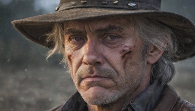 solo,looking at viewer,blue eyes,blonde hair,shirt,1boy,hat,closed mouth,grey hair,male focus,collared shirt,blurry,grey eyes,blurry background,facial hair,portrait,beard,snowing,realistic,brown headwear,manly,old,old man,cowboy hat,white hair,signature,lips,frown,scar,serious,nose,mustache,scar across eye