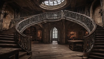 indoors,dutch angle,no humans,window,chair,table,fire,scenery,stairs,fantasy,door,railing,candle,architecture,pillar,statue,church,arch,candlestand,chandelier,sunlight,column