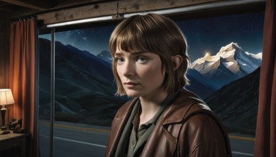 1girl,solo,short hair,bangs,blue eyes,brown hair,shirt,jacket,upper body,sky,indoors,lips,window,night,curtains,star (sky),night sky,scenery,starry sky,brown jacket,mountain,realistic,lamp,leather,leather jacket,mount fuji,looking at viewer,closed mouth,parody