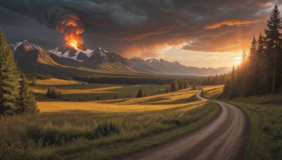 outdoors,sky,cloud,tree,no humans,sunlight,cloudy sky,grass,fire,nature,scenery,forest,smoke,sunset,mountain,sun,road,landscape,mountainous horizon,path,pine tree