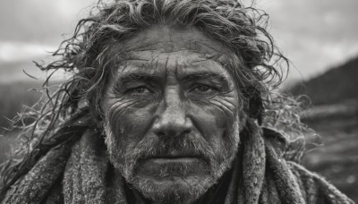 solo,long hair,looking at viewer,1boy,closed mouth,monochrome,greyscale,male focus,blurry,blurry background,facial hair,scar,messy hair,portrait,beard,realistic,outdoors,scar on face,serious,mustache,scar across eye,manly