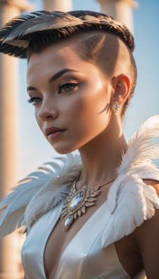 1girl,solo,breasts,looking at viewer,short hair,brown hair,black hair,dress,cleavage,brown eyes,jewelry,upper body,earrings,small breasts,parted lips,sleeveless,dark skin,necklace,hair bun,white dress,blurry,covered nipples,dark-skinned female,lips,eyelashes,blurry background,feathers,freckles,realistic,nose,hair ornament,medium breasts,day,makeup,sunlight,backlighting,feather hair ornament,very short hair,undercut