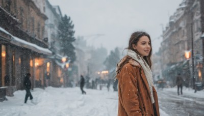 1girl,long hair,looking at viewer,brown hair,black hair,jacket,outdoors,parted lips,multiple boys,solo focus,scarf,blurry,tree,lips,coat,depth of field,blurry background,ground vehicle,building,scenery,snow,walking,snowing,realistic,white scarf,winter clothes,road,winter,lamppost,street,people,smile,brown eyes,jewelry,earrings,day,multiple others,crowd,6+others