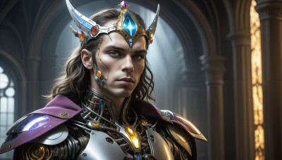 HQ,solo,long hair,looking at viewer,brown hair,black hair,1boy,brown eyes,closed mouth,upper body,male focus,indoors,signature,cape,armor,blurry,lips,blurry background,crown,shoulder armor,gem,portrait,science fiction,pauldrons,realistic,nose,cyborg,1girl,green eyes,headgear,android,pillar