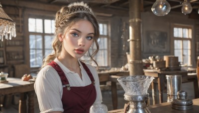 1girl,solo,long hair,looking at viewer,blue eyes,blonde hair,brown hair,shirt,jewelry,white shirt,upper body,braid,earrings,parted lips,food,day,indoors,blurry,apron,cup,lips,window,depth of field,blurry background,chair,table,sunlight,tiara,realistic,collarbone,teeth,red lips,chandelier