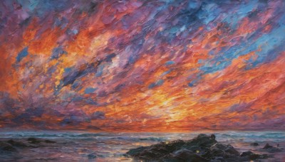 outdoors,sky,cloud,water,blue sky,dutch angle,no humans,ocean,traditional media,beach,cloudy sky,scenery,sunset,rock,mountain,sun,horizon,painting (medium),landscape,shore,orange sky,sunlight