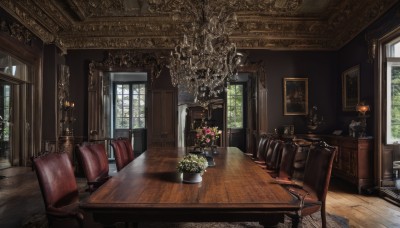 flower,day,indoors,tree,book,no humans,window,chair,table,sunlight,plant,curtains,scenery,couch,wooden floor,door,potted plant,lamp,candle,vase,armchair,painting (object),carpet,flower pot,candlestand,rug,chandelier,fireplace,portrait (object),wooden chair,cup