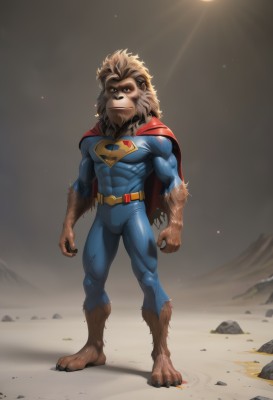 solo,looking at viewer,smile,blue eyes,blonde hair,1boy,animal ears,closed mouth,standing,full body,male focus,barefoot,belt,cape,torn clothes,bodysuit,muscular,facial hair,abs,thick eyebrows,pectorals,muscular male,bara,skin tight,claws,beard,furry,clenched hands,rock,sun,red cape,furry male,body fur,lion ears,superhero,blue bodysuit,covered abs,animal feet,furrification,lion boy,lens flare,brown fur,dust,lion,rubble