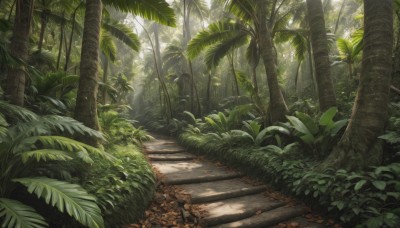 solo,outdoors,day,tree,no humans,shadow,leaf,sunlight,grass,plant,nature,scenery,forest,palm tree,road,bush,shade,dappled sunlight,path,tree shade,stairs