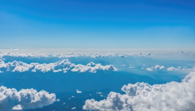 monochrome,outdoors,sky,day,cloud,blue sky,no humans,bird,ocean,cloudy sky,scenery,blue theme,horizon,landscape,above clouds,water,waves,island