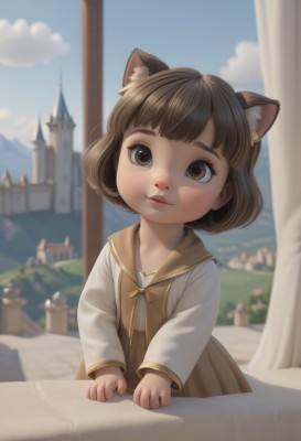 1girl,solo,looking at viewer,smile,short hair,bangs,brown hair,hair ornament,long sleeves,dress,animal ears,brown eyes,white shirt,upper body,outdoors,parted lips,sky,day,cloud,indoors,cat ears,sailor collar,blurry,blue sky,lips,animal ear fluff,eyelashes,window,depth of field,blurry background,bob cut,curtains,building,child,nose,female child,brown dress,balcony,skirt,shirt,jewelry,school uniform,earrings,teeth,serafuku,blunt bangs,brown skirt,realistic,castle