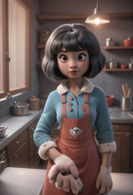 1girl,solo,looking at viewer,blush,short hair,bangs,shirt,black hair,gloves,long sleeves,brown eyes,closed mouth,standing,cowboy shot,artist name,indoors,blurry,apron,lips,fur trim,buttons,depth of field,blurry background,blue shirt,lipstick,nose,red lips,shelf,kitchen,sink,counter,cabinet,white gloves,window,makeup,bob cut,thick eyebrows,dog,pet