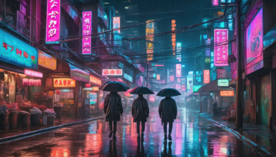 long hair, multiple girls, holding, 2girls, boots, outdoors, bag, night, umbrella, backpack, building, scenery, reflection, walking, rain, holding umbrella, city, sign, road, street, neon lights