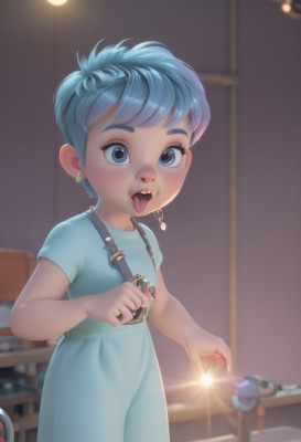 1girl,solo,blush,short hair,open mouth,blue eyes,shirt,1boy,dress,jewelry,blue hair,standing,short sleeves,earrings,teeth,tongue,indoors,tongue out,blurry,blurry background,upper teeth only,ring,suspenders,blue shirt,child,female child,stud earrings,light,overalls,male child,blue overalls,looking at viewer,pants,eyelashes,t-shirt,fireworks