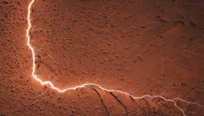 monochrome,outdoors,no humans,traditional media,scenery,rock,electricity,lightning,brown theme,orange theme,sky,cloud,glowing,from above,destruction