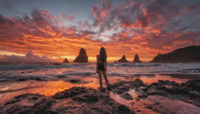 1girl, solo, long hair, skirt, shirt, standing, outdoors, sky, cloud, water, from behind, dutch angle, ocean, beach, cloudy sky, scenery, sunset, sand, horizon, facing away