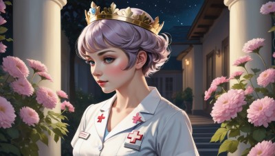 1girl,solo,looking at viewer,blush,short hair,bangs,blue eyes,collarbone,upper body,purple hair,flower,outdoors,parted lips,sky,lips,eyelashes,makeup,night,tiara,crown,plant,star (sky),night sky,pink flower,starry sky,pink lips,stairs,nose,nurse cap,nurse,breasts,shirt,closed mouth,short sleeves,artist name,window,buttons,leaf,cross,building,gem,portrait,light purple hair,pocket,realistic,name tag,potted plant,bush,pillar,flower pot,red cross