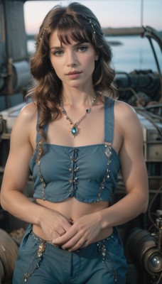 1girl,solo,long hair,breasts,looking at viewer,bangs,blue eyes,brown hair,hair ornament,navel,bare shoulders,jewelry,collarbone,cowboy shot,earrings,parted lips,midriff,pants,necklace,nail polish,mole,blurry,lips,crop top,depth of field,blurry background,wavy hair,ring,own hands together,denim,ground vehicle,motor vehicle,freckles,jeans,realistic,camera,shirt,medium breasts,artist name,strapless,watermark,piercing,gem,web address,pendant,car,tube top