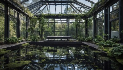 outdoors,sky,day,indoors,water,tree,no humans,window,plant,building,scenery,reflection,ruins,vines,moss,train station,railroad tracks,overgrown,post-apocalypse,broken window,artist name,signature,lily pad