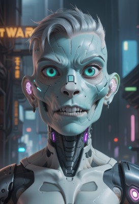 1girl,solo,looking at viewer,smile,short hair,blue eyes,jewelry,collarbone,upper body,white hair,grey hair,earrings,teeth,blurry,aqua eyes,blurry background,glowing,colored skin,robot,portrait,close-up,science fiction,veins,android,joints,undercut,grey skin,cyborg,robot joints,cyberpunk,mechanical parts,green eyes,parted lips,artist name,lips,mask,clenched teeth,nose,very short hair