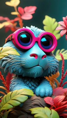 solo,blue eyes,sitting,closed mouth,full body,flower,artist name,blurry,no humans,depth of field,animal,leaf,plant,goggles,green background,goggles on head,branch,animal focus,looking at viewer,signature,pokemon (creature),sunglasses,realistic