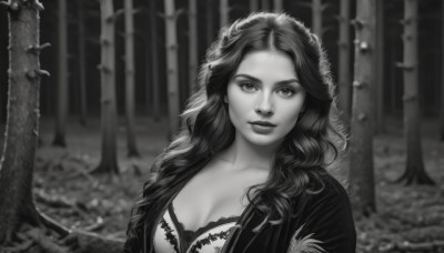 1girl,solo,long hair,breasts,looking at viewer,smile,large breasts,cleavage,medium breasts,closed mouth,underwear,collarbone,monochrome,upper body,greyscale,outdoors,hood,bra,blurry,lips,fur trim,eyelashes,blurry background,wavy hair,nature,forest,curly hair,realistic,nose,tree,portrait