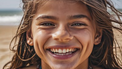 1girl,solo,long hair,looking at viewer,smile,open mouth,blue eyes,brown hair,1boy,jewelry,:d,outdoors,teeth,day,necklace,grin,blurry,lips,depth of field,blurry background,beach,messy hair,portrait,realistic,sand,blonde hair,male focus,earrings,eyelashes,half-closed eyes,close-up,nose