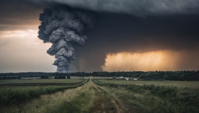 outdoors,sky,cloud,tree,no humans,cloudy sky,grass,nature,scenery,smoke,sunset,road,field,landscape,hill