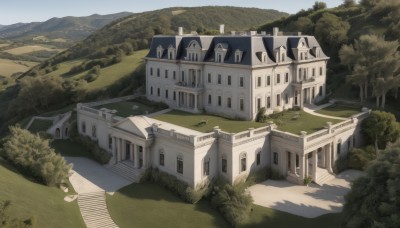 outdoors,sky,day,tree,no humans,window,shadow,bird,grass,building,nature,scenery,forest,stairs,mountain,road,bush,house,landscape,path,river,castle,arch