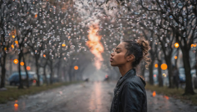 1girl, solo, short hair, brown hair, black hair, jacket, closed eyes, upper body, outdoors, parted lips, dark skin, blurry, from side, tree, profile, depth of field, blurry background, looking up, realistic, denim jacket