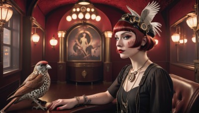 1girl,solo,breasts,looking at viewer,short hair,bangs,blue eyes,shirt,hat,cleavage,jewelry,sitting,collarbone,upper body,short sleeves,red hair,small breasts,parted lips,indoors,blunt bangs,necklace,nail polish,mole,bracelet,lips,black jacket,grey eyes,black shirt,window,tattoo,makeup,bird,animal,chair,bob cut,feathers,lipstick,goggles,red nails,pendant,freckles,goggles on head,lantern,red lips,lamp,owl,steampunk,jacket,earrings,open clothes,open jacket,blood,realistic,nose,painting (object),parrot