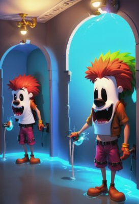 smile,open mouth,shirt,gloves,navel,holding,standing,jacket,weapon,male focus,red hair,boots,multiple boys,open clothes,shoes,shorts,teeth,midriff,belt,indoors,hood,2boys,fingerless gloves,water,orange hair,black eyes,fangs,parody,sharp teeth,child,dual persona,door,cane,1boy,animal ears,full body,multicolored hair,vest,open jacket,watermark,brown footwear,crossover,spiked hair,red footwear,hooded jacket,red gloves,personification,reflection,male child,red shorts,skeleton,hose,pink shorts,orange footwear,orange shorts