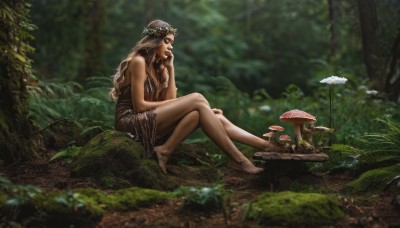 1girl,solo,long hair,breasts,brown hair,dress,bare shoulders,sitting,flower,outdoors,barefoot,blurry,feet,tree,lips,legs,bare legs,depth of field,crossed legs,nature,forest,head rest,realistic,head wreath,mushroom,moss,dirty feet,blonde hair,jewelry,pointy ears,plant,scenery,fantasy,dirty