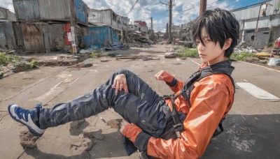 solo,looking at viewer,short hair,black hair,gloves,long sleeves,1boy,hair between eyes,sitting,jacket,full body,male focus,outdoors,sky,shoes,day,pants,cloud,fingerless gloves,black eyes,from side,lips,shadow,black pants,cloudy sky,denim,ground vehicle,building,sneakers,motor vehicle,hand in pocket,jeans,city,realistic,car,road,on ground,orange shirt,power lines,street,orange jacket,bangs,closed mouth,blue sky,grass,red jacket,blue footwear,utility pole