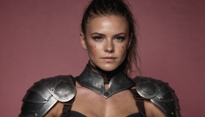 1girl,solo,long hair,looking at viewer,simple background,brown hair,black hair,closed mouth,upper body,armor,black eyes,lips,shoulder armor,portrait,pauldrons,realistic,nose,breasts,short hair,cleavage,brown eyes,pink background,shoulder pads