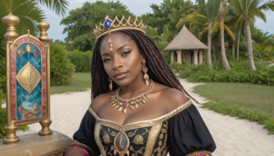 1girl,solo,long hair,breasts,looking at viewer,smile,large breasts,brown hair,black hair,dress,cleavage,bare shoulders,brown eyes,jewelry,medium breasts,upper body,earrings,outdoors,sky,day,dark skin,necklace,off shoulder,dark-skinned female,tree,lips,tiara,crown,realistic,palm tree,very dark skin,braid,gem,shield