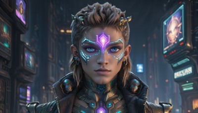 1girl,solo,looking at viewer,short hair,blue eyes,brown hair,jewelry,closed mouth,jacket,upper body,earrings,dark skin,medium hair,blurry,dark-skinned female,lips,makeup,blurry background,glowing,headgear,facial mark,portrait,eyeshadow,science fiction,nose,facial tattoo,forehead jewel,cyborg,hair pulled back,neon trim,cyberpunk,neon lights,hologram,black hair,glowing eyes,realistic,very short hair