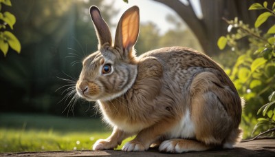 HQ,solo,looking at viewer,blue eyes,closed mouth,full body,outdoors,day,blurry,tree,no humans,depth of field,blurry background,animal,leaf,cat,grass,plant,nature,forest,rabbit,realistic,branch,animal focus,whiskers,brown eyes,signature