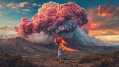 1girl, solo, brown hair, dress, outdoors, sky, cloud, cloudy sky, fire, scenery, sunset, mountain, landscape, burning