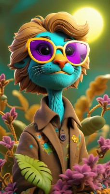 solo,smile,brown hair,shirt,1boy,closed mouth,upper body,flower,male focus,outdoors,glasses,collared shirt,artist name,blurry,blurry background,facial hair,bird,watermark,moon,sunglasses,furry,freckles,purple flower,sun,furry male,tinted eyewear,beak,short hair,sky,no humans,animal,leaf,full moon