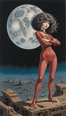 1girl,solo,long hair,breasts,looking at viewer,black hair,jewelry,standing,full body,boots,sky,black eyes,high heels,lips,bodysuit,makeup,crossed arms,moon,lipstick,red footwear,star (sky),full moon,science fiction,curly hair,red lips,space,planet,earth (planet),spacecraft,afro,outdoors,necklace,night,night sky,starry sky,retro artstyle