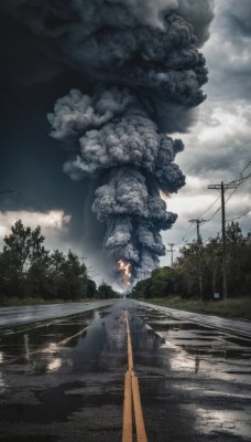 outdoors,sky,day,cloud,water,tree,no humans,bird,cloudy sky,grass,fire,nature,scenery,forest,smoke,reflection,road,power lines,utility pole,fog,reflective water,monster,street,burning,crosswalk