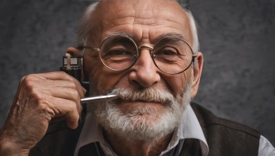 solo,looking at viewer,shirt,1boy,holding,white shirt,upper body,white hair,grey hair,male focus,glasses,collared shirt,grey background,vest,facial hair,portrait,beard,cigarette,black vest,mature male,realistic,round eyewear,mustache,smoking,manly,old,old man,wrinkled skin,necktie,veins,pen