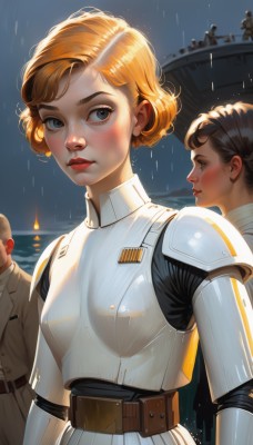 1girl,breasts,looking at viewer,blush,short hair,blue eyes,multiple girls,blonde hair,brown hair,1boy,2girls,upper body,outdoors,parted lips,multiple boys,solo focus,belt,2boys,water,orange hair,armor,black eyes,lips,looking to the side,grey eyes,makeup,night,ocean,thick eyebrows,lipstick,shoulder armor,freckles,rain,curly hair,pauldrons,breastplate,nose,red lips,brown belt,watercraft,very short hair,ship,boat,gorget,plate armor,boobplate,medium breasts,closed mouth,uniform,realistic,bald