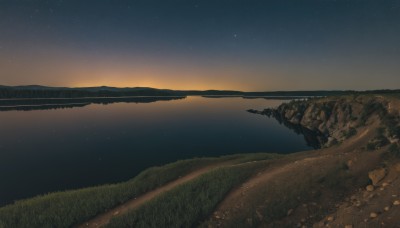 outdoors,sky,water,no humans,night,grass,star (sky),night sky,scenery,starry sky,reflection,sunset,rock,horizon,river,landscape,ocean,nature,mountain,sand,lake,shore,hill,reflective water